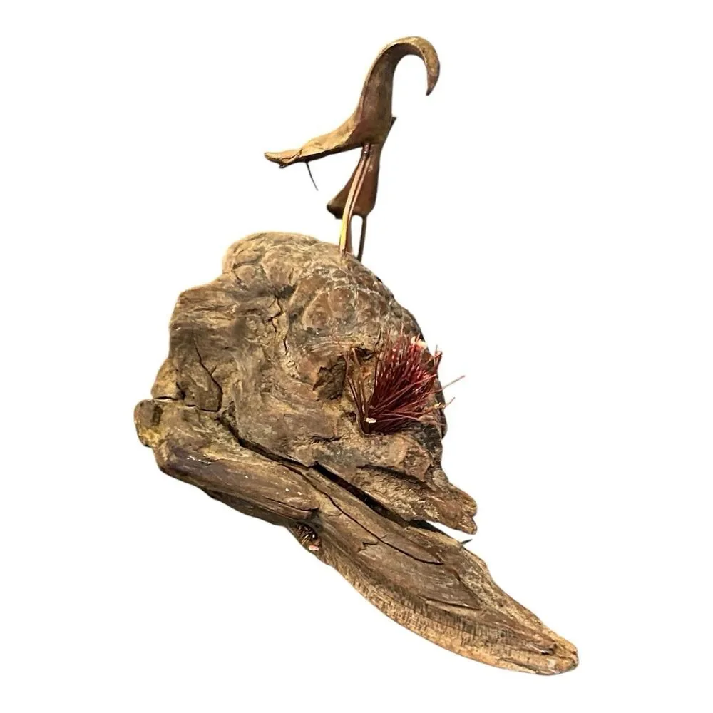 Vtg Burl Wood Driftwood Art Statue Pinecone Birds‎ Copper Wire Legs Decor